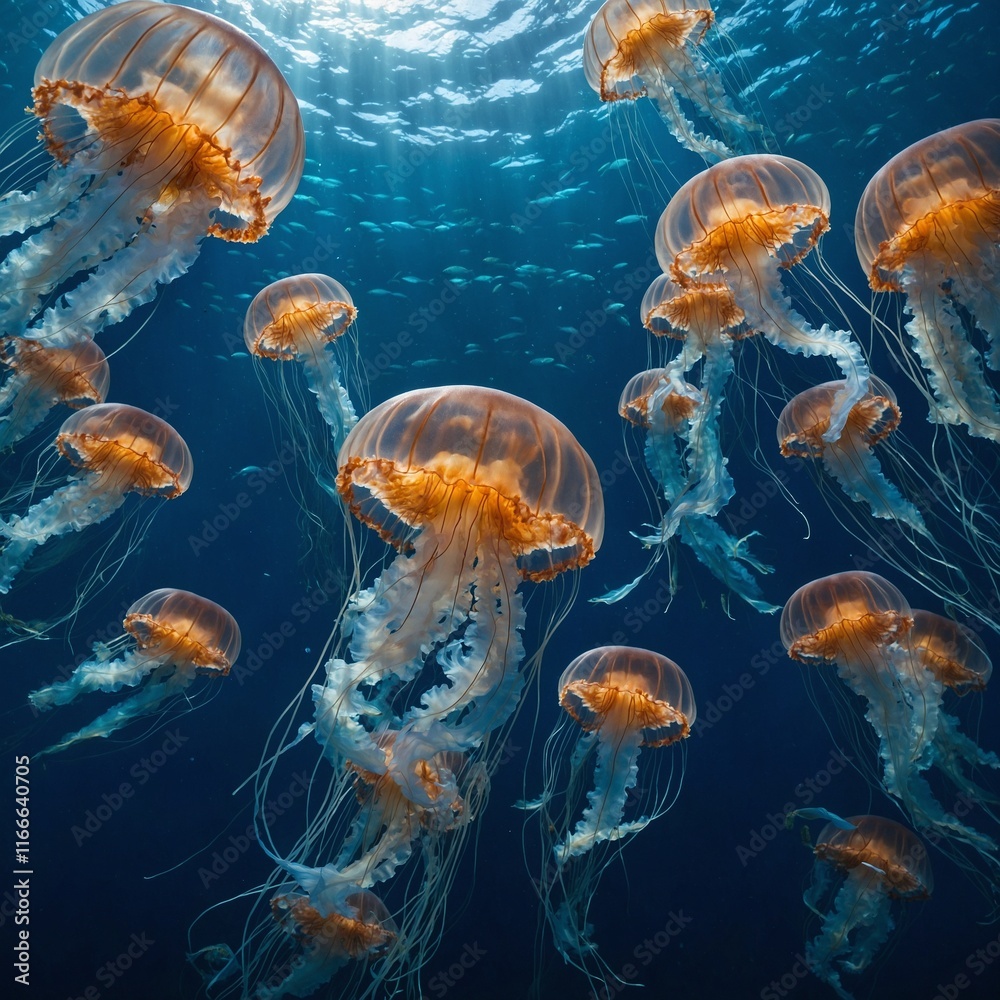 Naklejka premium A luminous jellyfish floating gracefully in the deep blue sea, surrounded by shimmering schools of fish.