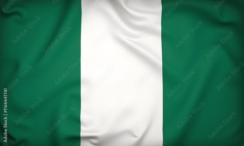 Obraz premium A green flag waving in the wind with symbols of Nigeria Flag, silk illustration representing patriotism and national pride, Generative Ai
