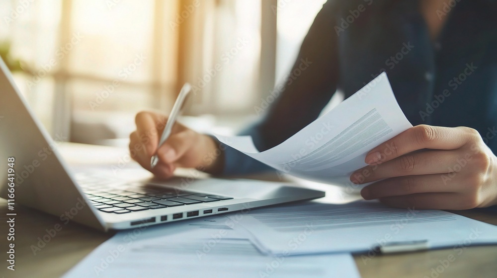 Fototapeta premium Female Consultant Working on Laptop Surrounded by Important Documents