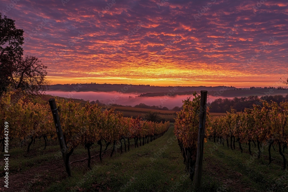 Fototapeta premium A breathtaking sunrise over the rolling hills of Tuscany, Italy, with a colorful sky and mist in autumn. A peaceful countryside scene with vineyards and trees under an orange and purple sky.