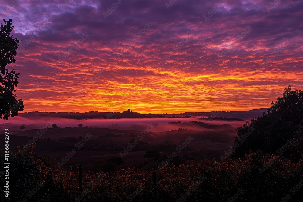 Obraz premium A breathtaking sunrise over the rolling hills of Tuscany, Italy, with a colorful sky and mist in autumn. A peaceful countryside scene with vineyards and trees under an orange and purple sky.