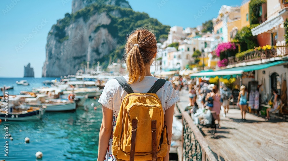A traveler with a yellow backpack gazes at a vibrant coastal scene filled with boats and colorful buildings under a clear blue sky. A traveler with a yellow backpack gazes at a vibrant coastal scene filled with boats and colorful buildings under a clear blue sky.