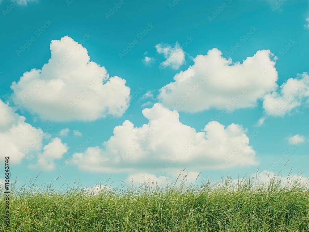 A bright blue sky with white clouds above a green grass field, . The background is clean and simple, creating an atmosphere of tranquility and beauty. A bright blue sky with white clouds above a green grass field, . The background is clean and simple, creating an atmosphere of tranquility and beauty.