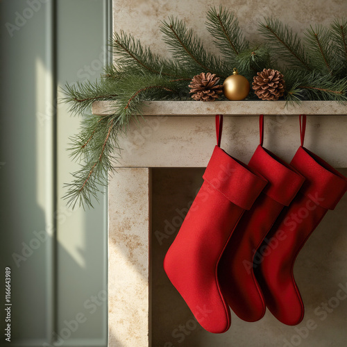 three red christmas stockings hang on a mantel decorated with pine gold accents.