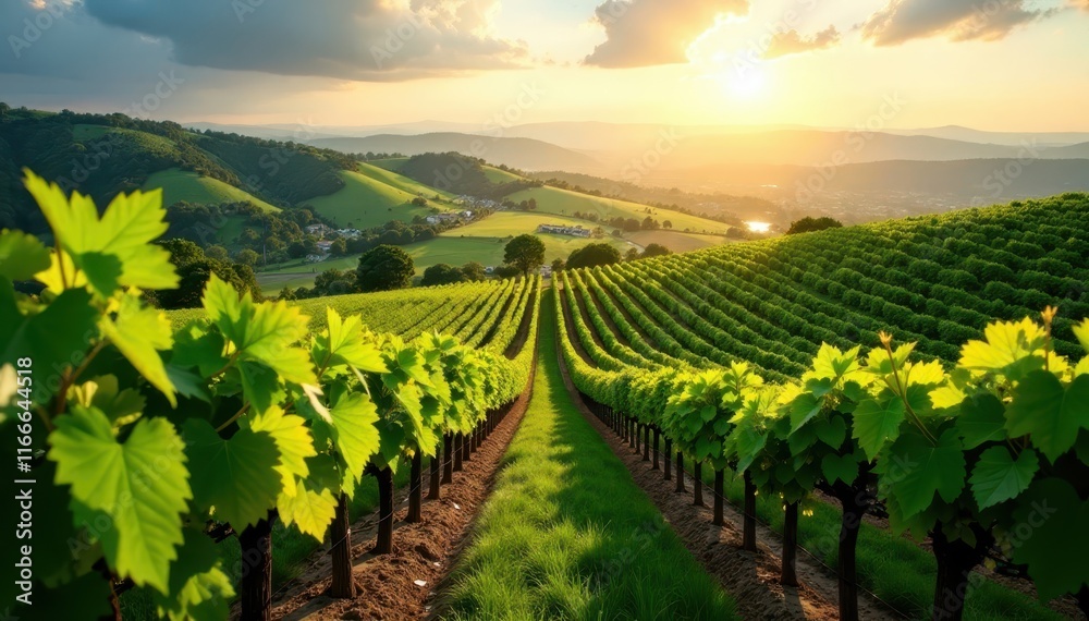 Naklejka premium Rolling hills, sun-drenched vines, vineyard rows, landscape, countryside landscape, scenic view