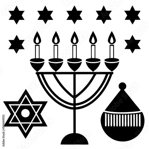 Hanukkah Lights: Dreidels, Menorahs, and Star of David Icons photo