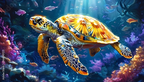 Underwater adventure with colorful sea turtle coral reef digital art vibrant ocean depths aquatic life marine conservation
