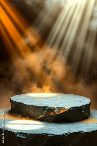 dark gray circular stone platform with golden accents under dramatic lighting photo