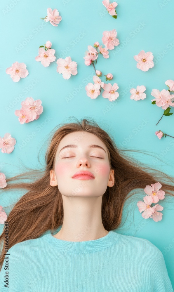 Spring Serenity Woman with Flowing Hair Amidst Pink Flowers for Easter, Mothers Day, and Valentines Day Spring Serenity Woman with Flowing Hair Amidst Pink Flowers for Easter, Mothers Day, and Valentines Day
