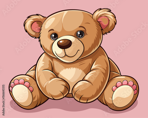 A soft plush teddy bear in light brown, resting on a baby pink background