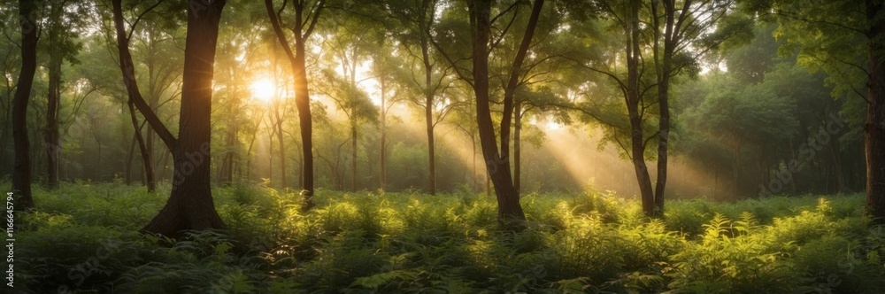 Fototapeta premium Sunlight filters through trees in a serene forest during early morning hours