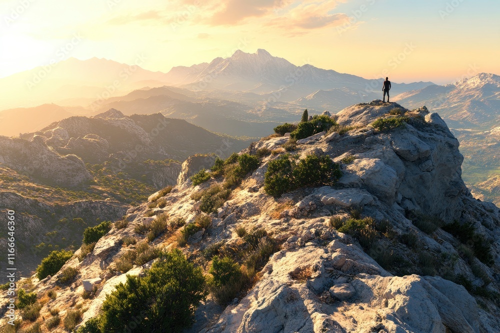 Obraz premium A hiker stands atop the mountain peak, overlooking a beautiful scene at sunrise. The rugged terrain is covered with rocks and shrubs, creating an adventurous atmosphere. In the distance