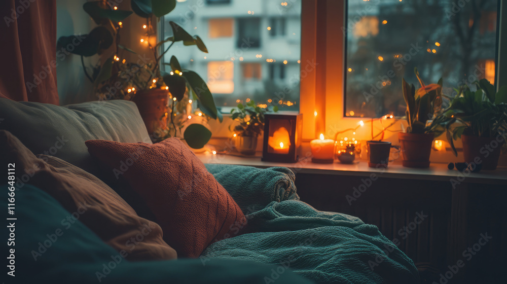 Obraz premium A cozy living room with a green blanket and a red pillow