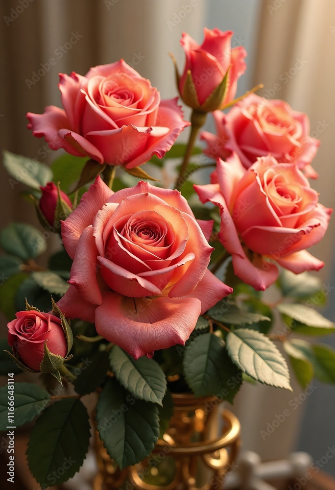 Miss Piggy roses in bloom, soft peach colors, elegant floral arrangement in a vase with green leaves, copy space Miss Piggy roses in bloom, soft peach colors, elegant floral arrangement in a vase with green leaves, copy space
