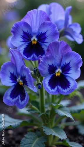 Tri-colored pansies in bloom, vibrant blue and purple colors, charming floral arrangement in a garden setting, copy space