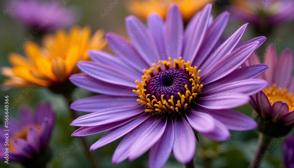 Osteospermum flowers in bloom, vibrant purple and orange colors, charming floral arrangement with intricate textures, copy space Osteospermum flowers in bloom, vibrant purple and orange colors, charming floral arrangement with intricate textures, copy space