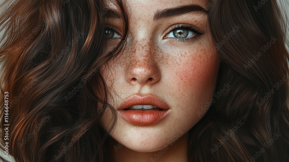 Portrait of a woman with voluminous, wavy brunette hair and a subtle makeup look, placed against a neutral background Portrait of a woman with voluminous, wavy brunette hair and a subtle makeup look, placed against a neutral background
