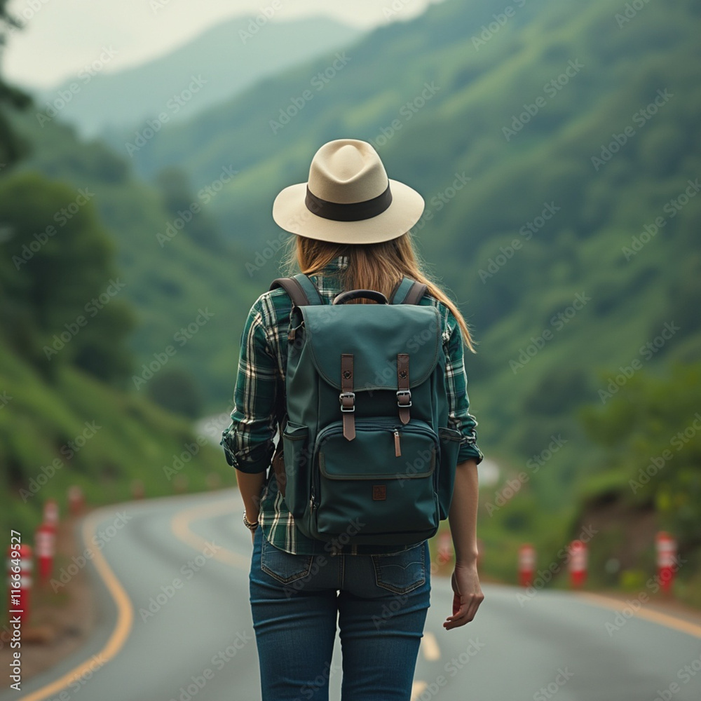 A lone traveler standing on a quiet rural road A lone traveler standing on a quiet rural road
