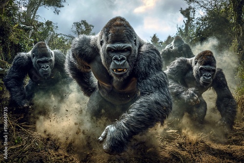 A group of powerful gorillas charging through a dusty jungle path, showcasing their strength and dominance. photo