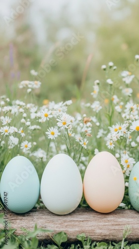 Pastel Easter Eggs and Wildflowers on Rustic Garden Path A Spring Celebration for Easter, Spring Equinox, and May Day photo