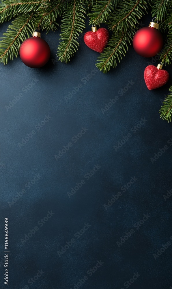 Festive Holiday Background with Ornaments and Pine Branches for Valentines, Christmas, and New Year Festive Holiday Background with Ornaments and Pine Branches for Valentines, Christmas, and New Year