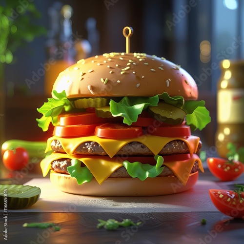 Juicy Cheeseburger with Fresh Lettuce, Tomato, and Pickles