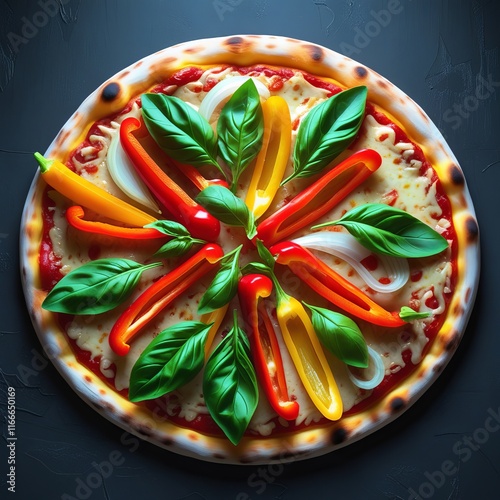 Colorful Vegetable Pizza with Fresh Basil and Sweet Peppers