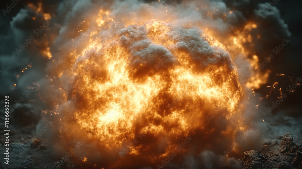 Fototapeta premium Fiery Explosion Cloud Smoke And Rocks