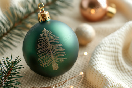 dark-green glass ornament with gold tree design