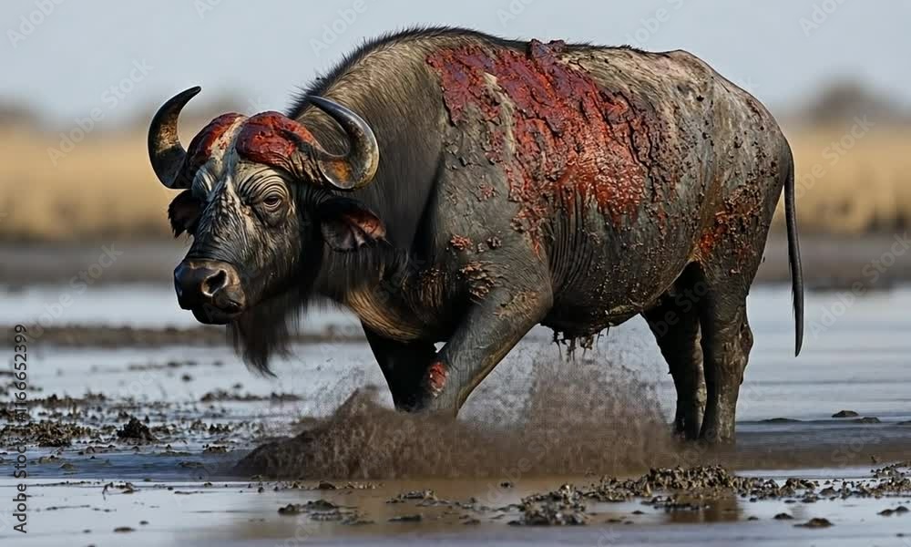 A water buffalo covered in mud stands in a wetland environment.