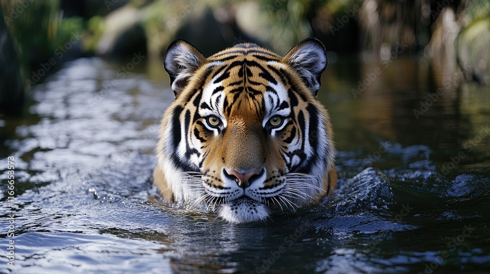 Fototapeta premium A tiger swimming in water, showcasing its striking features and natural habitat.