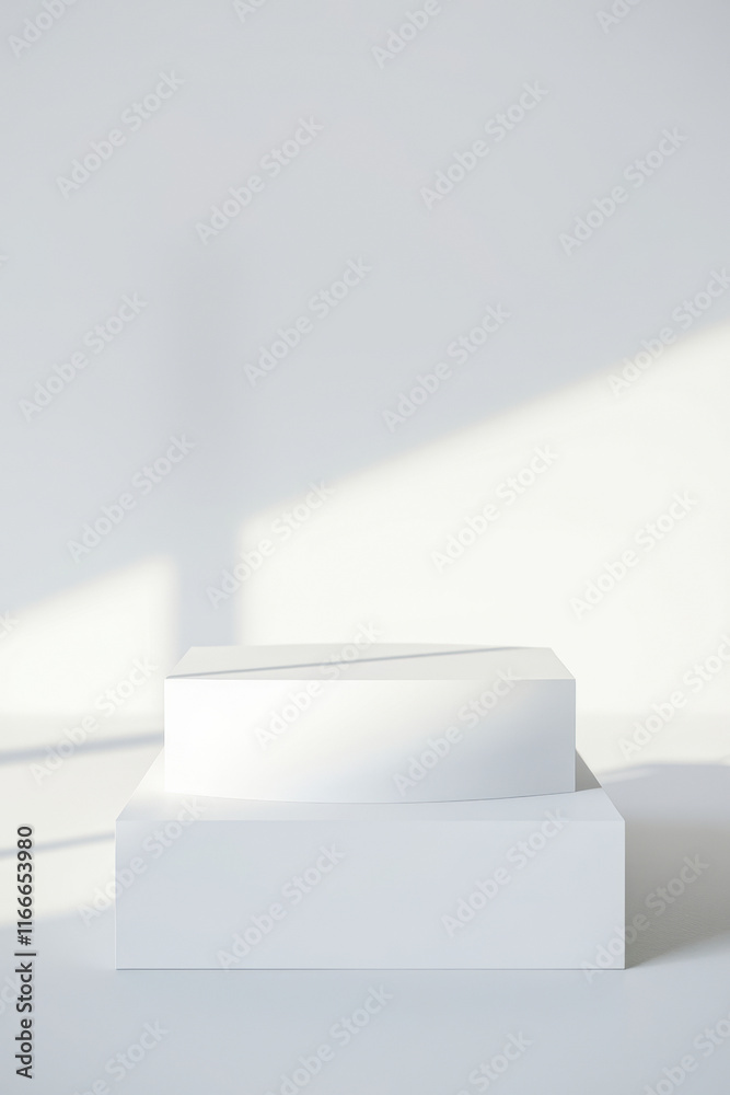 two-tiered white geometric platforms on white background two-tiered white geometric platforms on white background