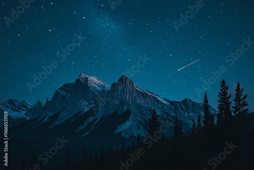 Majestic mountain range silhouetted against a vibrant night sky filled with stars and a shooting star.