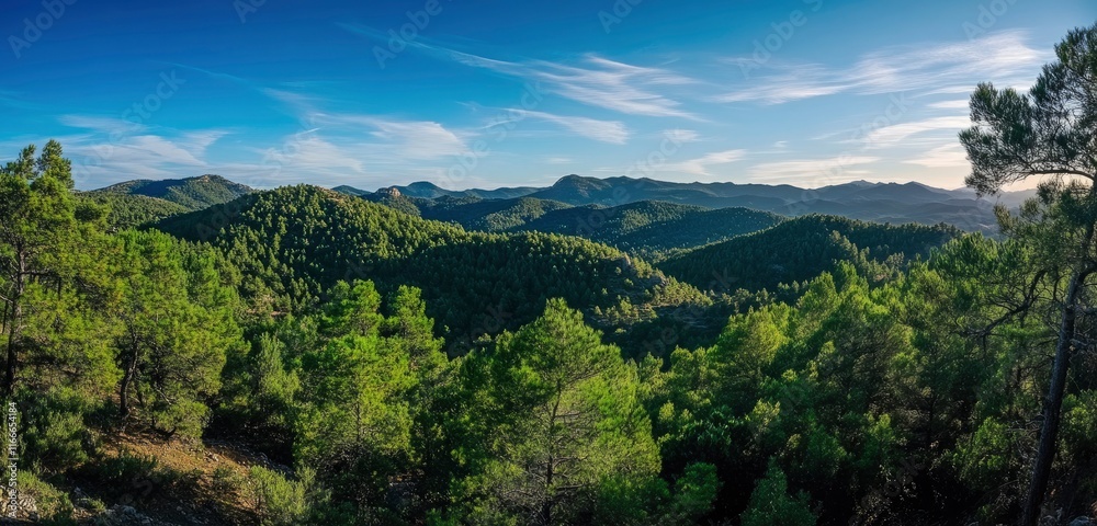 Landscape with forest and mountains on a blue sky background. Top view of green coniferous trees in a mountain range at sunrise. Green environment for a summer vacation or travel concept. Landscape with forest and mountains on a blue sky background. Top view of green coniferous trees in a mountain range at sunrise. Green environment for a summer vacation or travel concept.