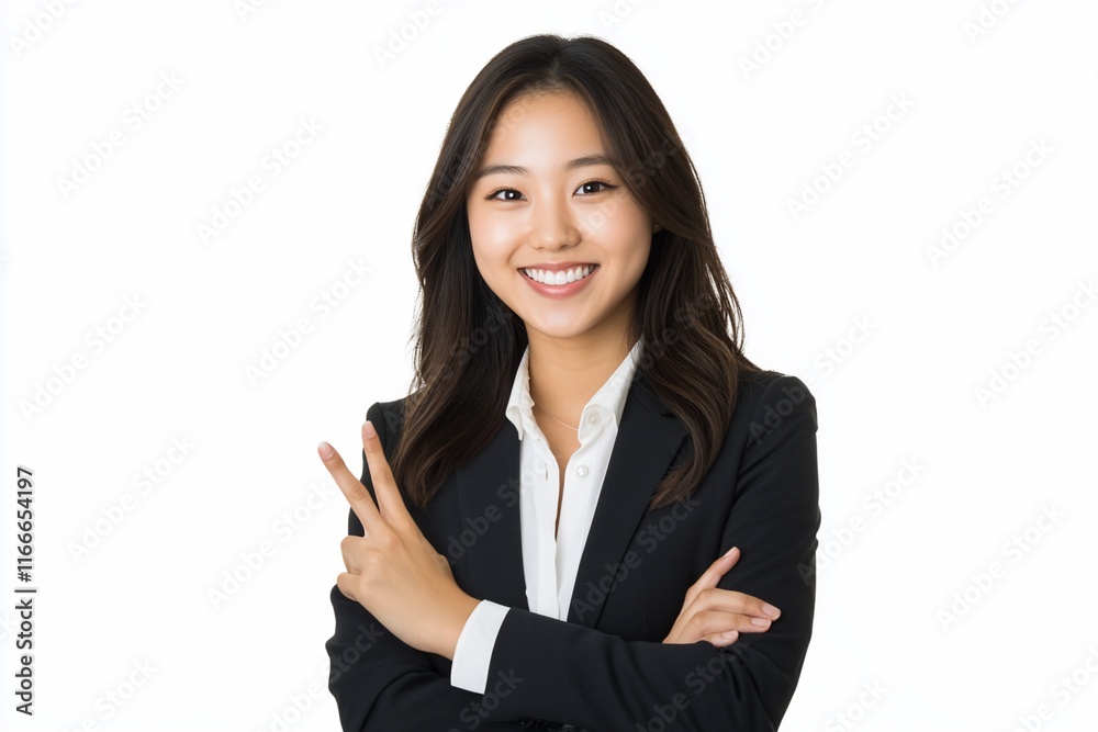 Smiling Asian businesswoman in suit giving peace sign, isolated on white background. Smiling Asian businesswoman in suit giving peace sign, isolated on white background.