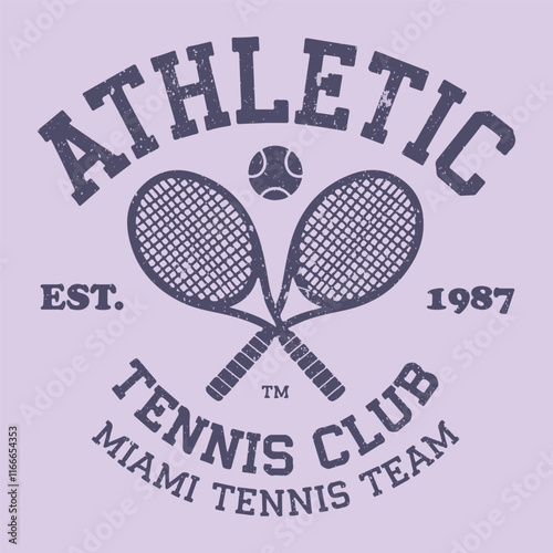 Athletic tennis club t-shirt design. College style tee shirt with tennis ball. Sport apparel print. Vector illustration. Vintage Tennis Racket Slogan T shirt Print Design.