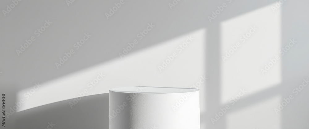 Fototapeta premium white cylindrical pedestal against a white wall illuminated by soft light