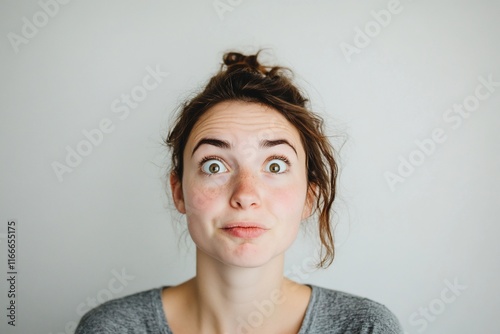 Close-up portrait of a surprised young woman with messy bun, wide eyes, and slightly parted lips against a plain background.