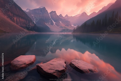 moraine lake, Banff National Park in Canada at sunrise with reflection of the Kyperidac cookies mountain range, in the background, turquoise water and red mountains