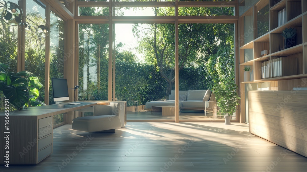 Fototapeta premium Modern 3D Printed Home Office: A Perfect Work-Life Balance Oasis Filled with Natural Light and Creative Decor in Serene Setting