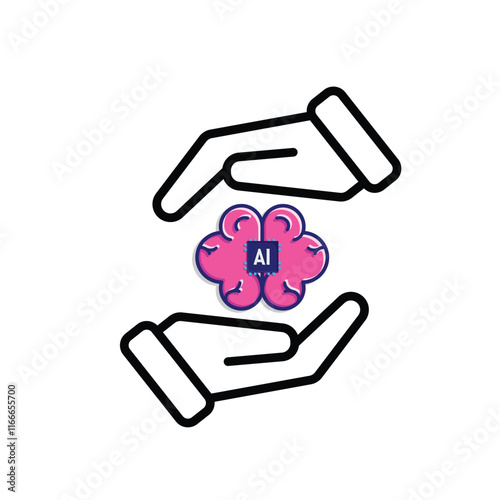 brain icon. brain and artificial intelligence in hand. Brain design and chip in the middle. Education, technology and protection vector design. Mixed design style