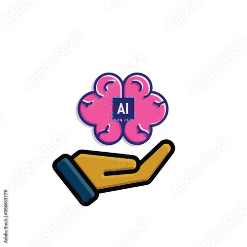 brain icon. brain and artificial intelligence in hand. Brain design and chip in the middle. Education, technology and protection vector design. colored flat design style