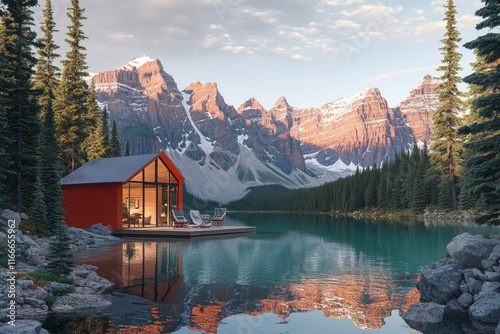 moraine lake, Banff National Park in Canada at sunrise with reflection of the Kyperidac cookies mountain range, in the background, turquoise water and red mountains
