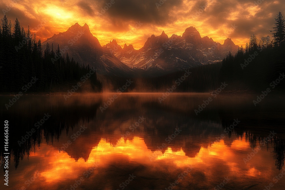 Obraz premium Moraine Lake, golden hour light reflecting on the water with dramatic mountain peaks in background, colorful sky and forest silhouette, serene natural beauty of Canada's rocky mountains at sunrise,
