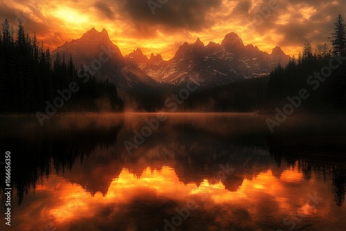 Moraine Lake, golden hour light reflecting on the water with dramatic mountain peaks in background, colorful sky and forest silhouette, serene natural beauty of Canada's rocky mountains at sunrise,
