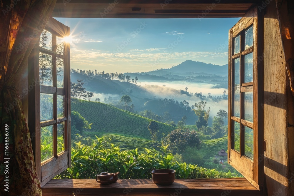 Fototapeta premium Open window overlooking a beautiful valley with morning mist and sun rays, a tea plantation in the background. 