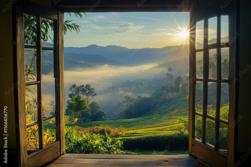 Fototapeta premium Open window overlooking a beautiful valley with morning mist and sun rays, a tea plantation in the background. 