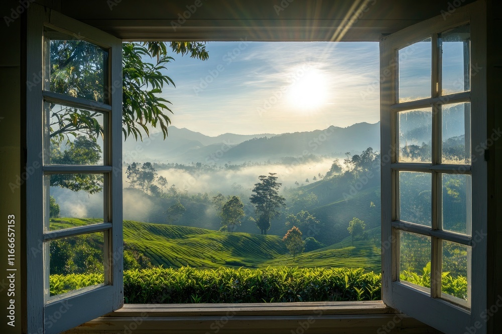 Open window overlooking a beautiful valley with morning mist and sun rays, a tea plantation in the background. Open window overlooking a beautiful valley with morning mist and sun rays, a tea plantation in the background.