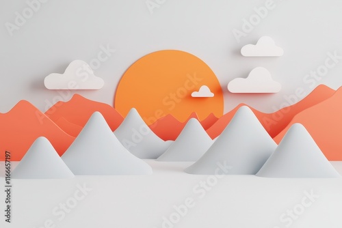 Gamification Colorful paper cutout landscape with mountains and clouds against a bright orange sun.
