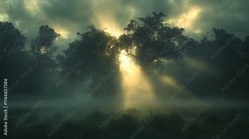 Sunbeams pierce misty forest at dawn. Sunbeams pierce misty forest at dawn.